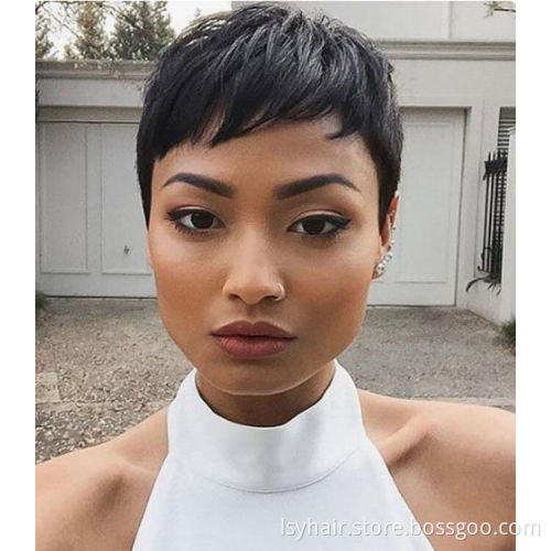 Pixie Cut Machine Made Wigs Short Human Hair Wigs for Black Women Short Straight Black Ladies Wigs 1B Color